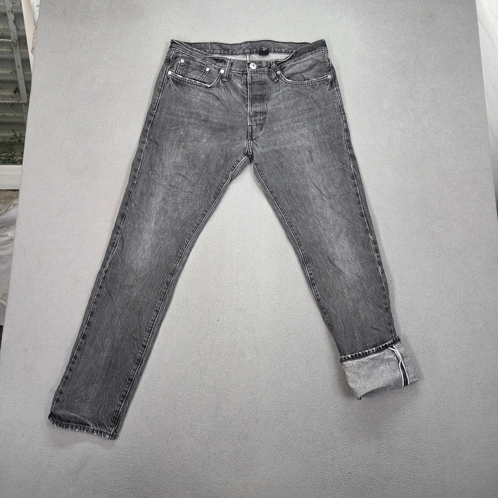 H&M Jeans Mens 34x31 Gray Charcoal Wash Slim Tapered Selvedge Denim Button Fly